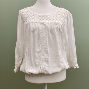 Solitaire Cottagecore Peasant Blouse Top Lace Bubble Hem White Womens Medium